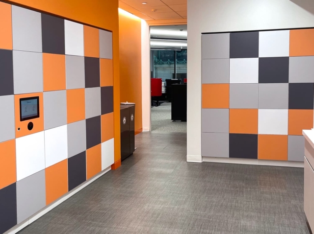 Orange workplace smart lockers with touchscreen