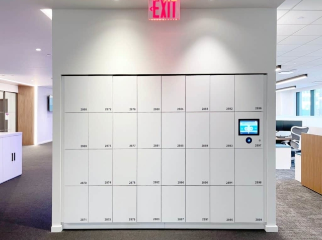 White laminate wall partition smart lockers