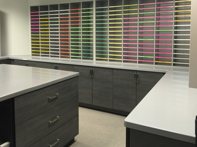 Mail Sorter with contrasting Laminate Base Cabinets - mailroom Casework