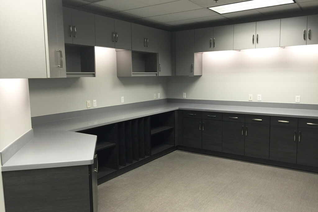 Workplace Agile Storage with Contrasting Base Cabinets - Modular Casework