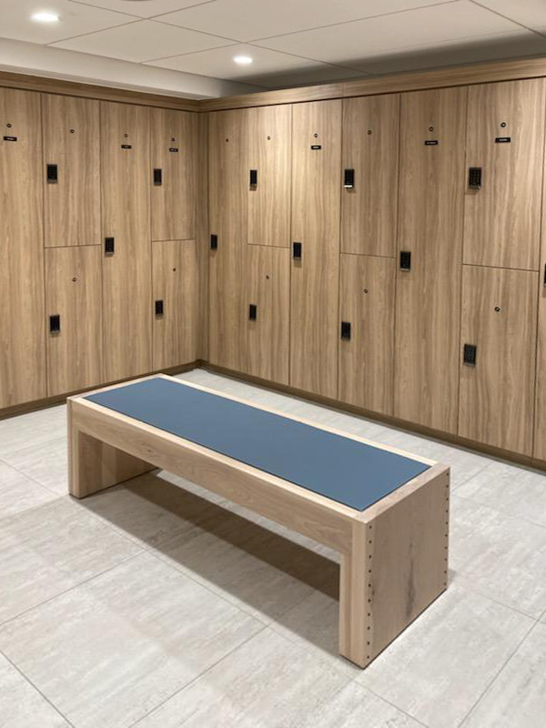 Battery Locks Athletic Locker Room with Bench Seating