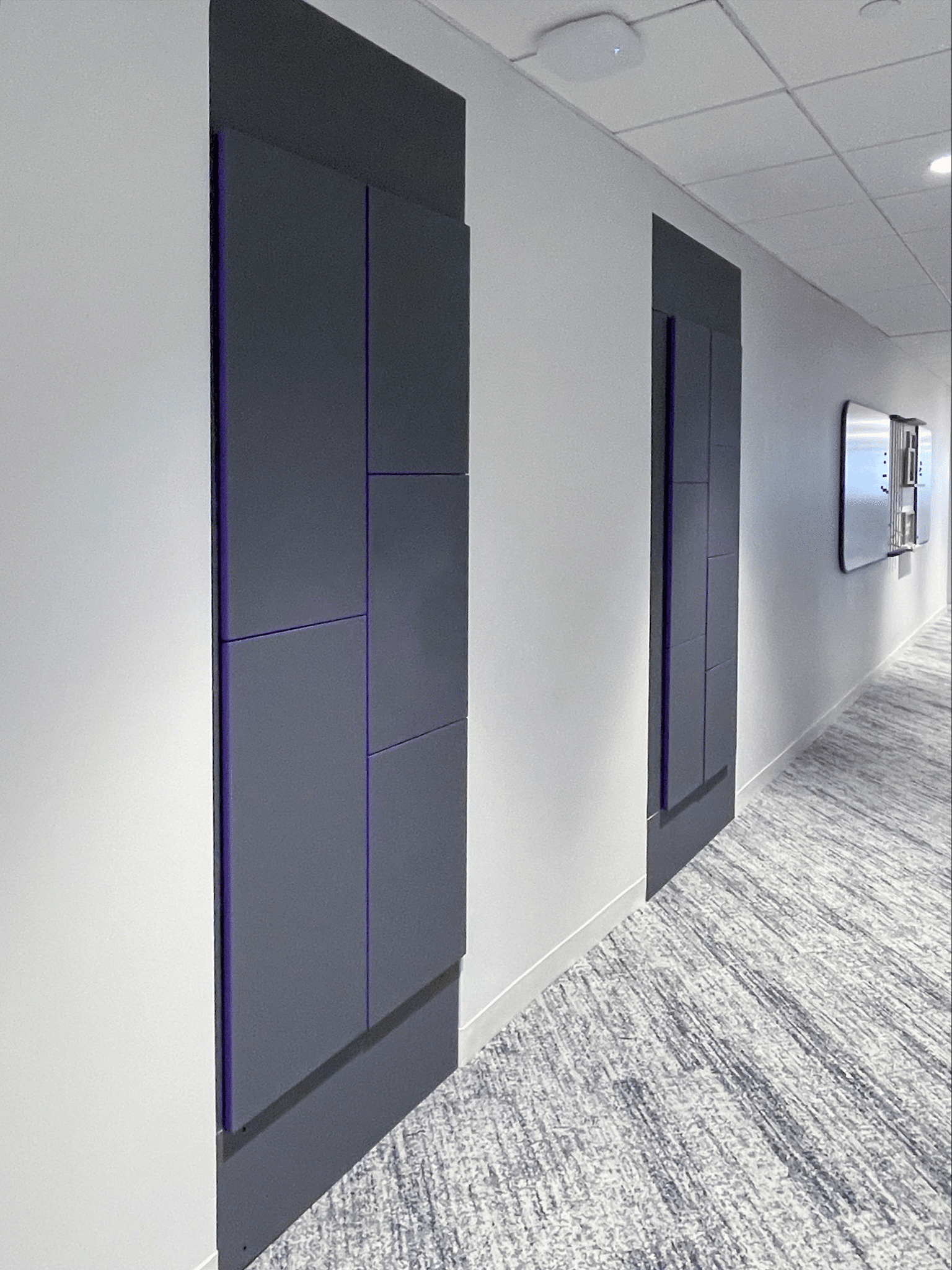 Chubb Dallas workplace lockers — Charcoal Velvet HPL with brand-color edge banding by HAMILTON