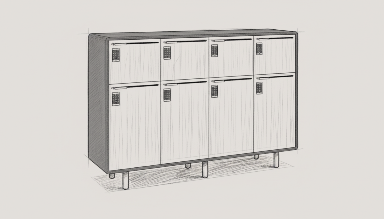 Arraya locker architectural sketch showing storage base and zone heights for ADA compliance