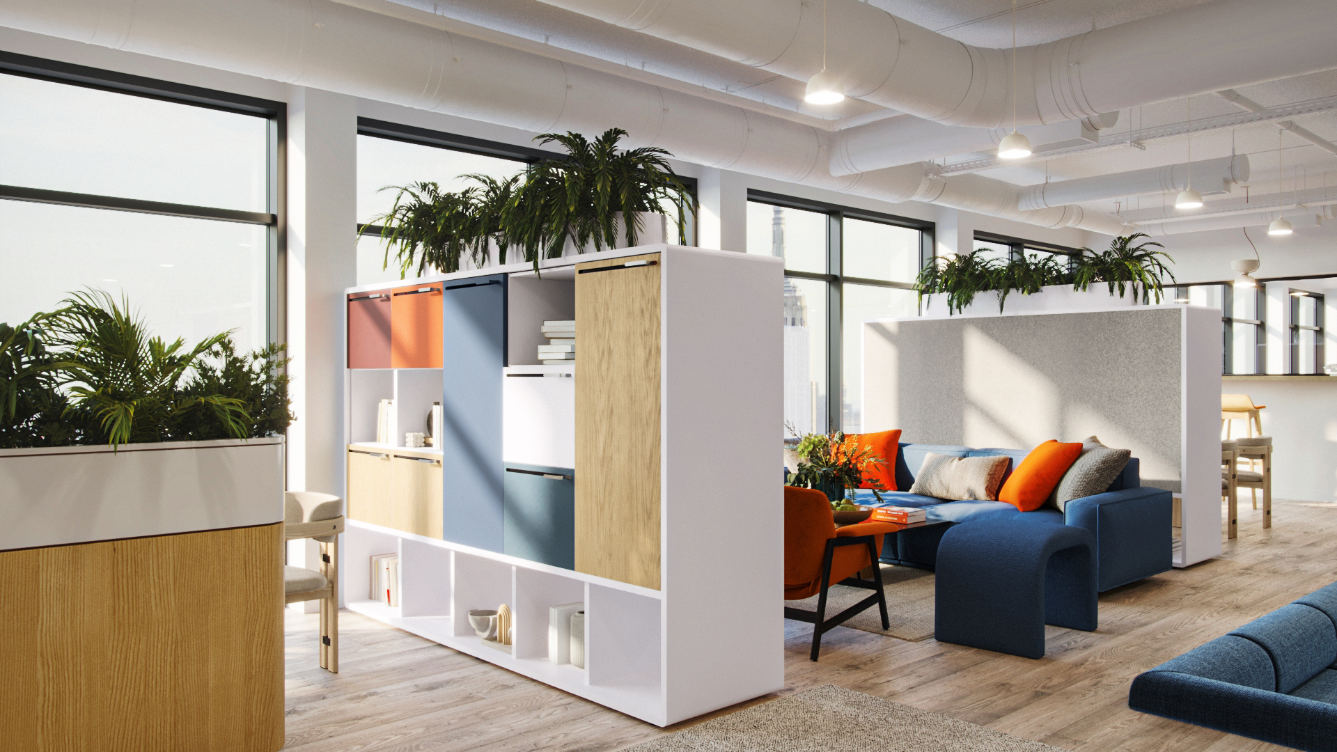Arraya lockers in a colorful modern office environment showing FENIX finish options