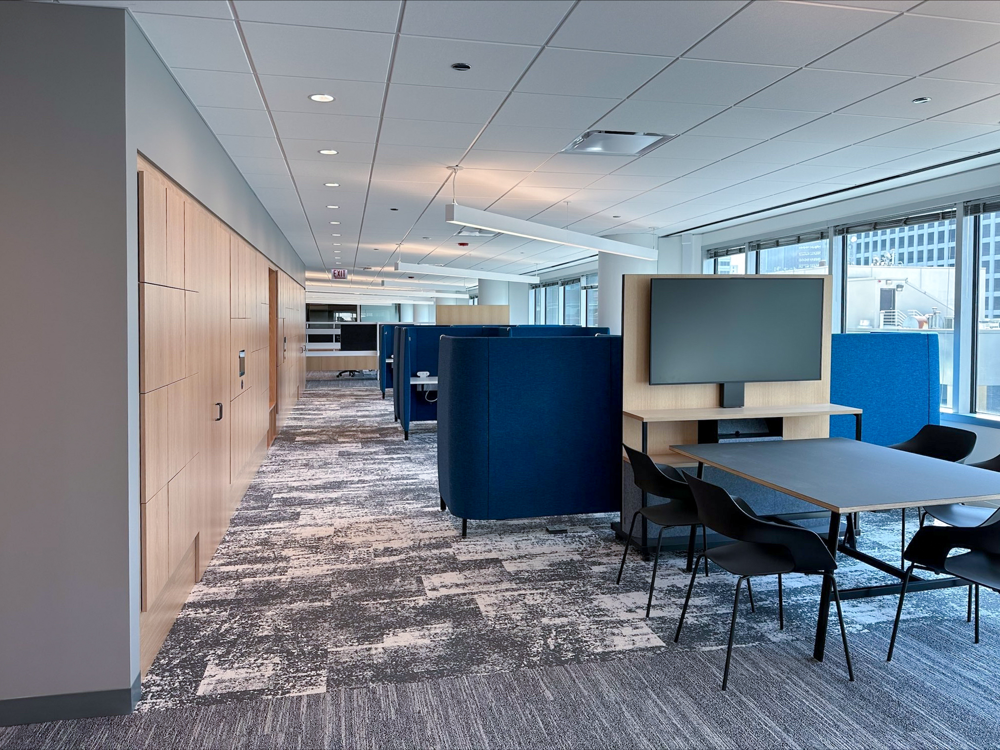 Modern hybrid office locker installation by HAMILTON Casework Solutions