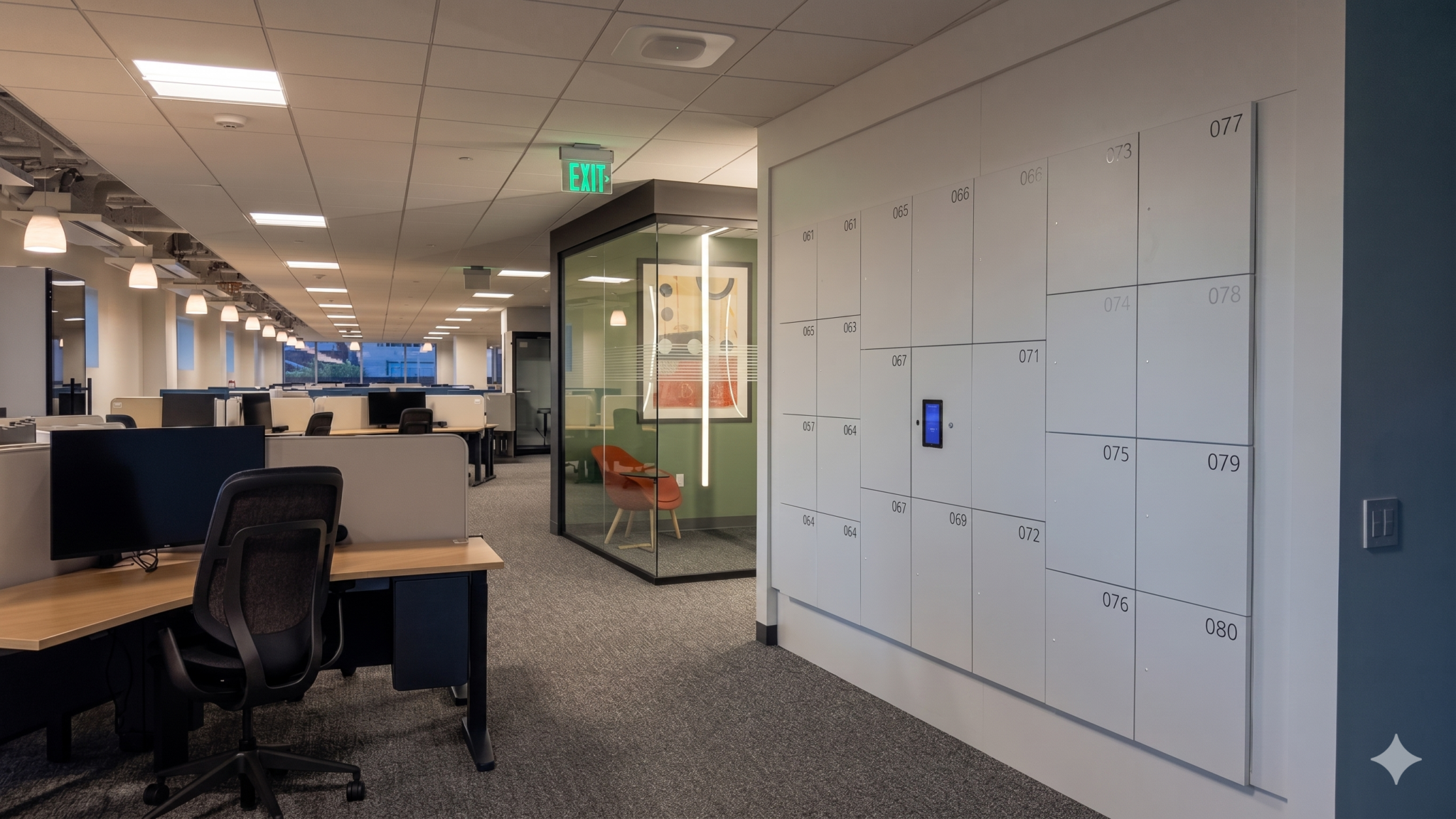 Smart locker bank spanning multiple floors — large-scale corporate deployment