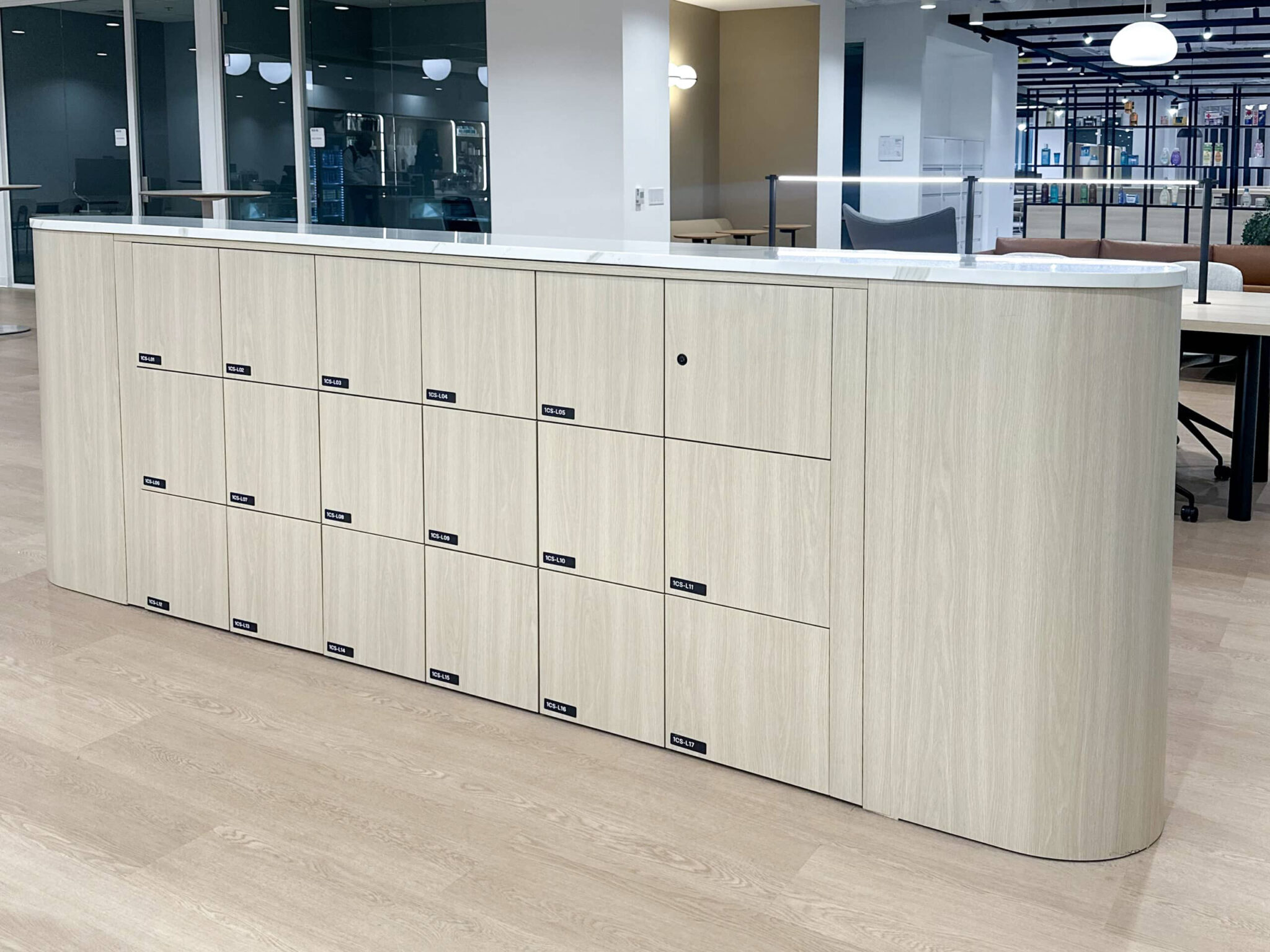 Smart locker bank in a tech company office — Peaksware deployment