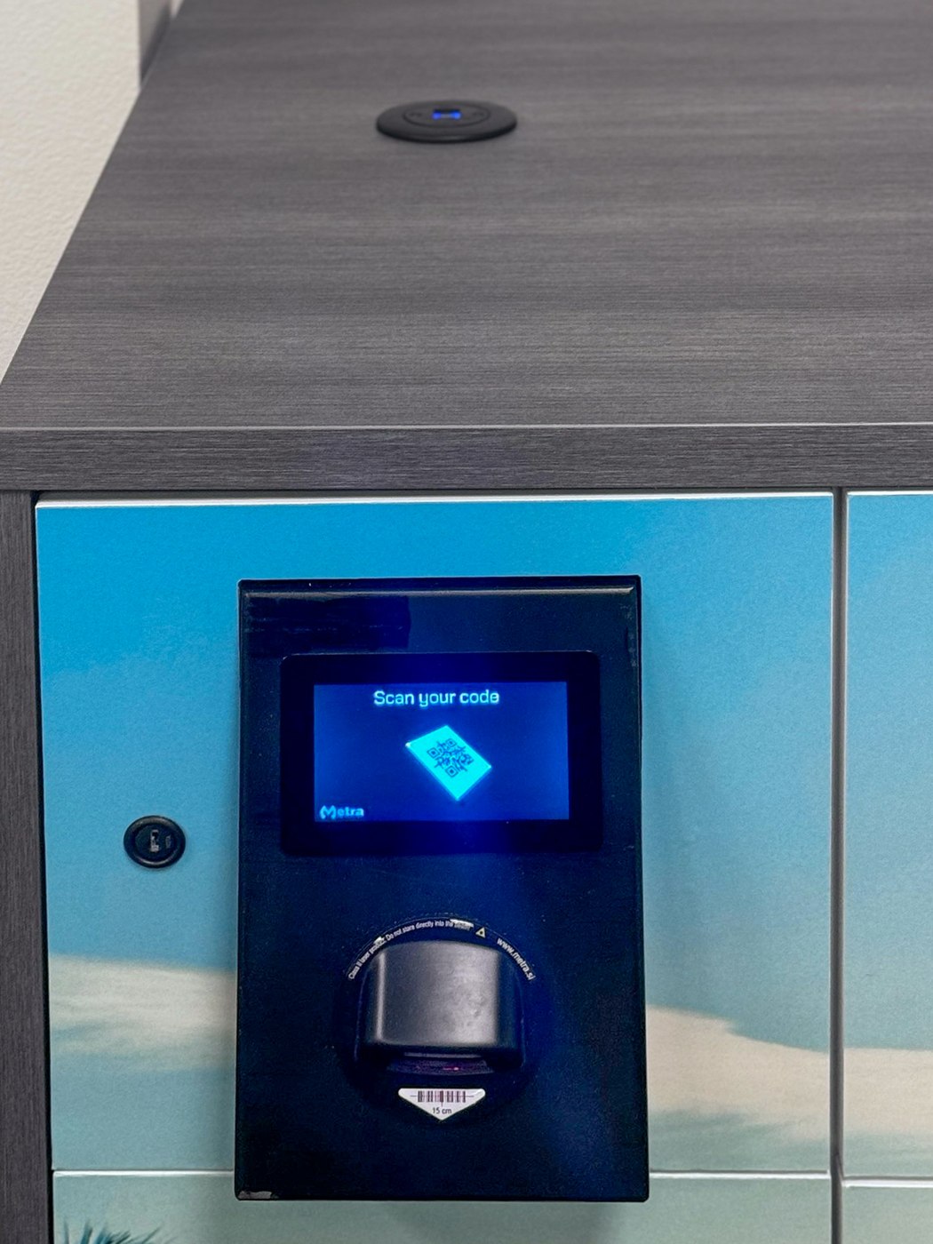Metra Mini touchscreen and HID reader on Hamilton laminate locker bank — University of Redlands XR Lab